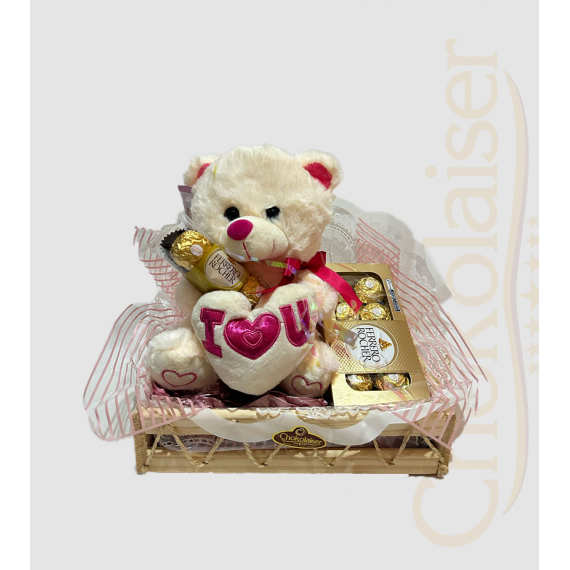 Cesta com pelúcia com coração, caixa de chocolate ferrero rocher, trufas