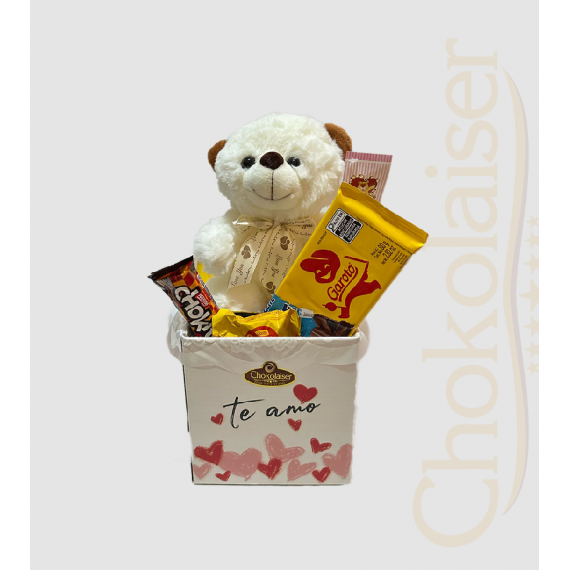 Cesta com pelúcia, barra de chocolate garoto, chokito e trufas