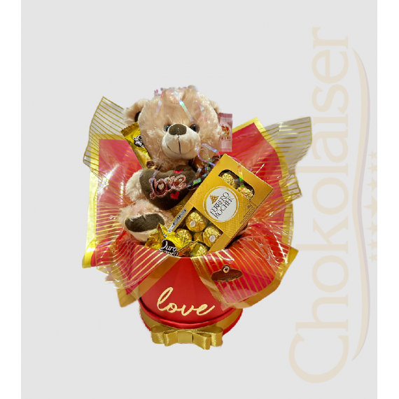 Cesta com chocolates ferrero rocher, pelúcia e baton